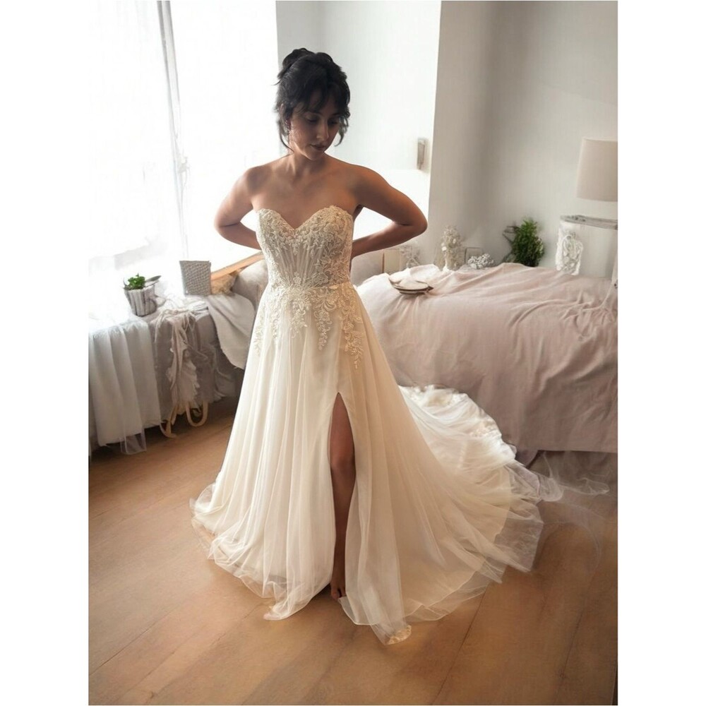 Mori Lee Strapless Lace Appliqué Gown in Blush Nude